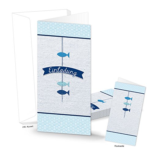 Logbuch-Verlag 10 Einladungskarten EINLADUNG mit Fische Motiv türkis blau weiß - Einladungen schreiben Karten mit Kuvert für Taufe Kommunion Konfirmation von Logbuch-Verlag