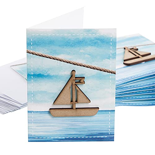 Logbuch-Verlag 10 Geburtstagskarten Einladungskarten mit Holzschiff - Karte blau natur mit Kuvert - Motiv Meer Boot Wasser von Logbuch-Verlag