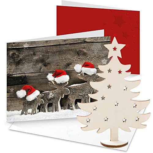 Logbuch-Verlag 10 Weihnachtskarten DIN A6 inkl. Kuverts + Weihnachtsbaum Miniatur aus Holz - Geschenkidee Weihnachtspost Kunden Kollegen von Logbuch-Verlag
