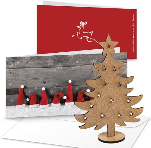 Logbuch-Verlag 10 Weihnachtskarten DIN lang 10,5 x 21 cm rot weiß grau + Umschläge + Mini Weihnachtsbaum aus Holz - Karte mit Geschenk von Logbuch-Verlag