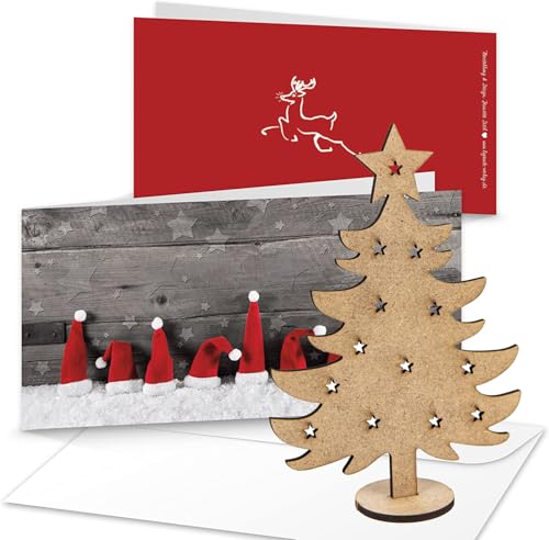 Logbuch-Verlag 10 Weihnachtskarten DIN lang 10,5 x 21 cm rot weiß grau + Umschläge + Mini Weihnachtsbaum aus Holz - Karte mit Geschenk von Logbuch-Verlag