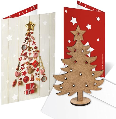 Logbuch-Verlag 10 Weihnachtskarten mit Weihnachtsbaum aus Holz + Kuvert - Grußkarten Weihnachten mit Geschenk von Logbuch-Verlag