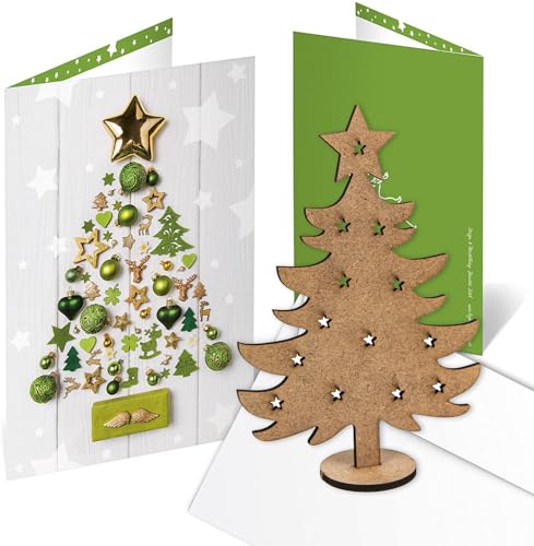 Logbuch-Verlag 10 Weihnachtskarten ohne Text mit Umschlag + mini Weihnachtsbaum aus Holz - kleines Geschenk zu Weihnachten Weihnachtsklappkarte DIN A6 von Logbuch-Verlag