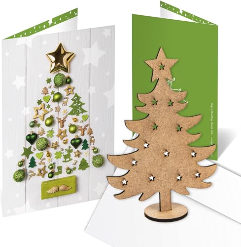 Logbuch-Verlag 10 Weihnachtskarten ohne Text mit Umschlag + mini Weihnachtsbaum aus Holz - kleines Geschenk zu Weihnachten Weihnachtsklappkarte DIN A6 von Logbuch-Verlag