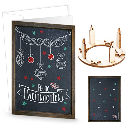 Logbuch-Verlag 10 gleiche Karten Weihnachten 2024 mit mini Adventskranz aus Holz kleines Geschenk mit Weihnachtskarte und Kuvert schwarz von Logbuch-Verlag