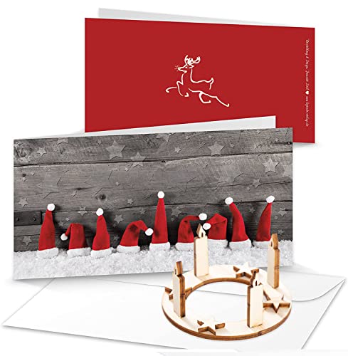 Logbuch-Verlag 10 längliche Weihnachtskarten rot grau weiß mit Nikolausmützen - innen leer - mit Kuverts + Adventskranz Miniatur aus Holz von Logbuch-Verlag