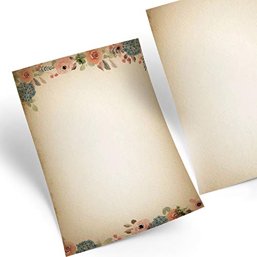 Logbuch-Verlag 25 Blatt Briefpapier Vintage Blumen beige rosa blau A4 - auf alt gemacht Boho Nostalgie Druckerpapier Motivpapier zum Bedrucken von Logbuch-Verlag