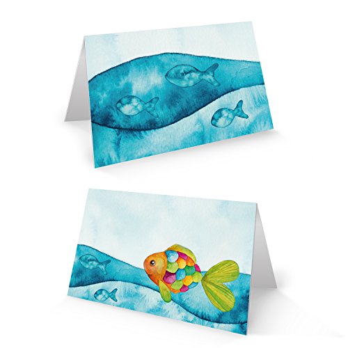 Logbuch-Verlag 25 Tischkarten bunt türkis Fisch 8,5 x 5,5 cm Tischdeko Namensschilder für Gäste Kommunion Taufe Kindergeburtstag von Logbuch-Verlag