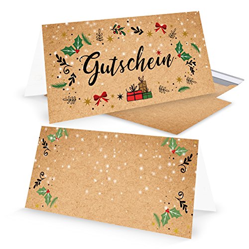 Logbuch-Verlag 3 Gutschein Klappkarten weihnachtlich mit Kuvert - Weihnachtsgutschein leer zum Beschriften & Bedrucken für Kunden Mitarbeiter Freunde DIN lang in Kraftpapier-Optik von Logbuch-Verlag