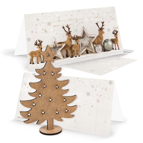 Logbuch-Verlag 3 Weihnachskarten silber weiß braun shabby chic mit Kuvert + Weihnachtsbaum aus Holz - Karte mit Geschenk von Logbuch-Verlag