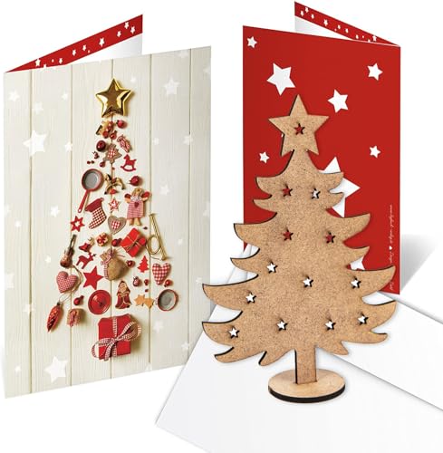 Logbuch-Verlag 3 Weihnachtskarten rot mit Weihnachtsbaum aus Holz + Kuverts - Karten ohne Text - weihnachtliche Grußkarten mit Geschenk von Logbuch-Verlag