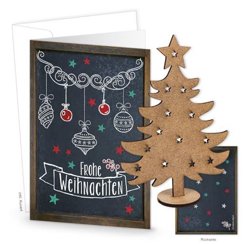 Logbuch-Verlag 3 leere Weihnachtskarten zum Bedrucken & Beschriften DIN A6 + Kuverts + Holzbaum zum Stecken - Weihnachtspost zum Verschicken von Logbuch-Verlag