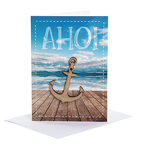 Logbuch-Verlag 3er Set Grußkarten maritim Ozean mit Text AHOI - mit Holzanker Deko - Hochzeitskarte Geburtstagskarte mit Kuvert von Logbuch-Verlag