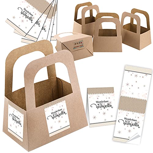 Logbuch-Verlag 5 kleine Henkelkörbe aus Kraftpapier + 10 Aufkleber WUNDERBARE WEIHNACHTEN beige weiß - weihnachtliche Verpackung mit Henkel von Logbuch-Verlag