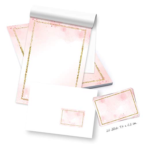 Logbuch-Verlag Briefpapier Block DIN A5 mit 50 Blatt Notizblock rosa gold + 25 Briefumschläge + Etiketten zum Einladung Briefe schreiben für Mädchen von Logbuch-Verlag