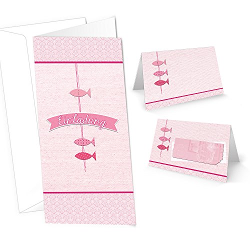 Logbuch-Verlag Karten Set - 10 Einladungskarten mit Kuvert + 25 Tischkarten rosa Fische - Tischdeko Taufe Kommunion Mädchen von Logbuch-Verlag