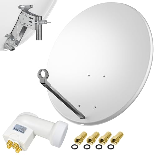 80cm Spiegel Schüssel Stahl + Logisat Quad LNB | 4 Teilnehmer SAT Anlage HD Digital Set hellgrau | DVB-S/S2 Full HDTV 3D 4K Ultra HD UHD Empfang von LogiSat