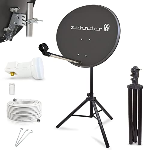 Digitale Camping Sat Anlage Spiegel 60 cm Single LNB 0,1 dB + 10m Kabel + Dreibein Stativ Kabel Balkon Caravan Mobil Schüssel Antenne HD UHD 4K geeignet d von LogiSat