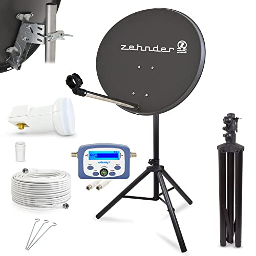 Digitale Camping Sat Anlage Spiegel 60 cm Single LNB 0,1 dB + 10m Kabel + Sat Finder + Dreibein Stativ Kabel Balkon Caravan Mobil Schüssel Antenne HD UHD 4K geeignet d von LogiSat