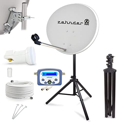 Digitale Camping Sat Anlage Spiegel 60 cm Single LNB 0,1 dB + 10m Kabel + Sat Finder + Dreibein Stativ Kabel Balkon Caravan Mobil Schüssel Antenne HD UHD 4K geeignet h von LogiSat