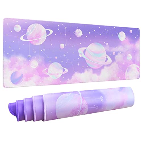 Ästhetisches Pastell-Gaming-Mauspad für Schreibtisch XL erweitert, Sternkonstellation, Weltraum, Marmor, Planet, Rosa, Lila, Schreibtischunterlage, große Tastatur-Schreibtischunterlage, Kawaii, von Logieut