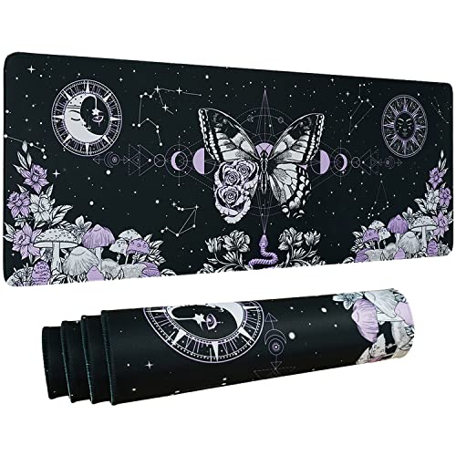 Aesthetic Butterfly Goth Gaming-Mauspad, XL, Pilz, Mondphase, Galaxie, langes, großes Schreibtisch-Mauspad, gruselige Hexe, Gothic, Schreibtischzubehör, 80 x 30 cm von Logieut