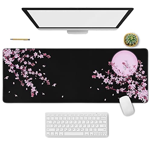 Japanische Kirschblüte Sakura Mauspad Schwarz XL, erweitertes großes Mauspad, Kawaii Pink Black Mousepad, Moon Floral Long Big Desk Mouse Mat, Cherry Blossom Decor Stuff Accessories, 31,5 x 11,8 Zoll von Logieut