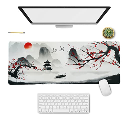 Japanische Rote Kirschblüte Sakura Mauspad Weiß XL - Erweitertes Großes Langes Schreibtisch-Mauspad, Blumen-Dekor-Zubehör, 80 x 20 cm von Logieut