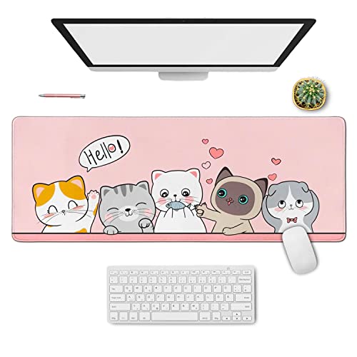 Kawaii Katze Gaming Mauspad für Schreibtisch - Erweitertes Großes Rosa XL Mousepad, Niedliches Anime Katzendekor Zubehör, 31.5x11.8 Zoll von Logieut