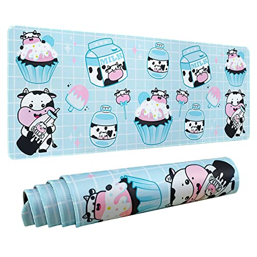 Kawaii Kuh Mauspad Mat, erweiterte große Milchkuchen Kuh Druck Gaming Mauspad für Schreibtisch, rosa blaues Mauspad XL, langes großes Mauspad, Kawaii Kuh Dekor Stuff Zubehör, 31,5 x 11,8 Zoll von Logieut