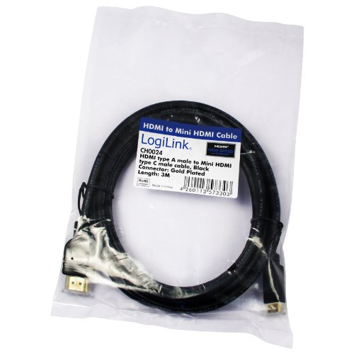 LogiLink CH0024 HDMI High Speed mit Ethernet (V1.4) Kabel, HDMI Type A 19-pin Male zu Mini HDMI Type C 19-pin Male, schwarz, 3M, polyTasche von Logilink