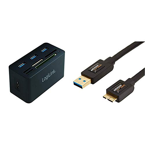 LogiLink CR0042 USB 3.0 Hub mit All-in-One Card Reader (Micro SD/SD/MS / M2 / CF) Schwarz & Amazon Basics USB 3.0-Kabel (A-Stecker auf Micro-B-Stecker) 1,8m (Abwärtskompatibilität zu USB 2.0 und 1.1) von Logilink