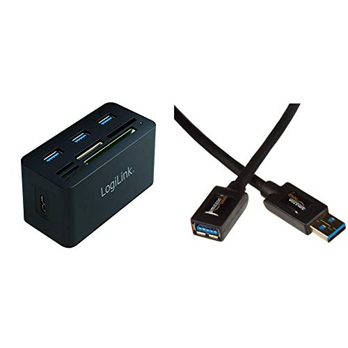 LogiLink CR0042 USB 3.0 Hub mit All-in-One Card Reader (Micro SD/SD/MS / M2 / CF) Schwarz & Amazon Basics USB 3.0-Verlängerungskabel A-Stecker auf A-Buchse, 2 m von Logilink