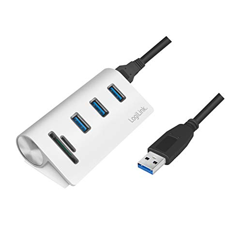 LogiLink CR0045 - USB 3.0 Hub (3-Port) mit Kartenleser für SD + Micro-SD Speicherkarten, Aluminiumgehäuse, für Windows/MAC OS/Linux, Silber von Logilink