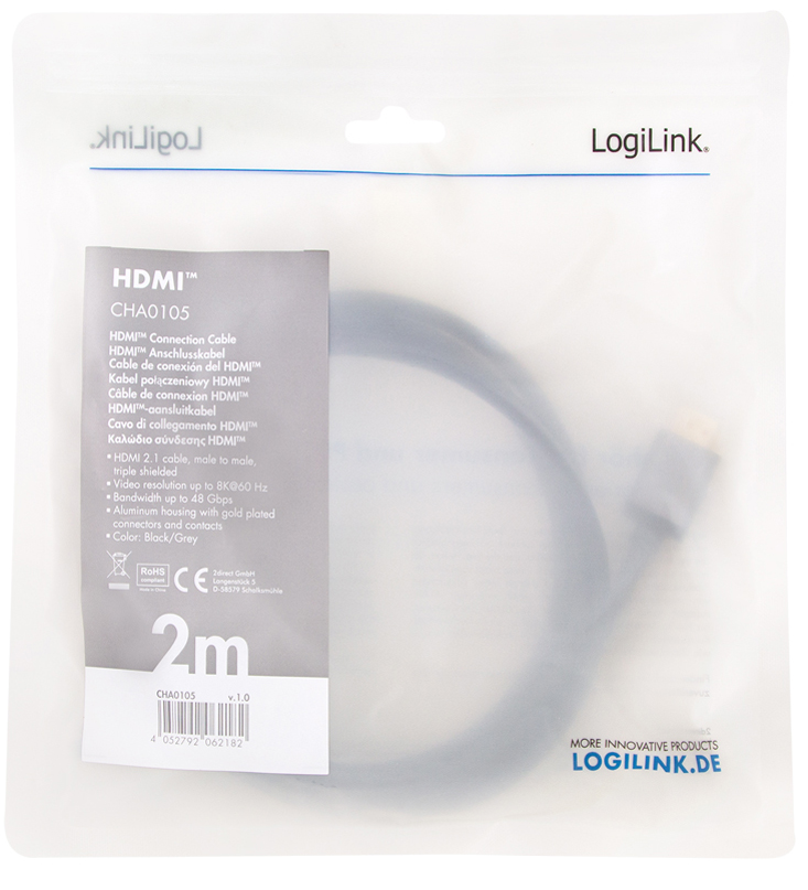 LogiLink HDMI Kabel 2.1, A-Stecker - A-Stecker, 2,0 m von Logilink