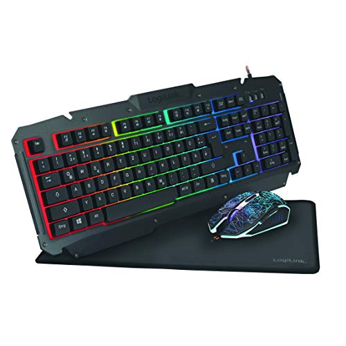 LogiLink ID0185 - Gaming-Set: Maus (800-2400dpi - beleuchtet) & Tastatur mit atemberaubender Metalloberfläche + Regenbogen LED-Hintergrundbeleuchtung & Gaming Mauspad (35x25cm) von Logilink