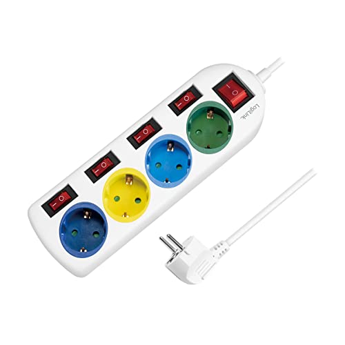 LogiLink LPS257 - 4-fach Steckdosenleiste (CEE 7/3), mit 5x Ein/Aus Schalter, mit eingebautem safety shutter (erhöhter Berührungsschutz), Farbe: mehrfarbig, Weiß von Logilink