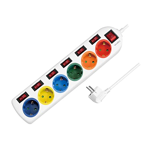 LogiLink LPS259 - 6-fach Steckdosenleiste (CEE 7/3), mit 7x Ein/Aus Schalter, mit eingebautem safety shutter (erhöhter Berührungsschutz), Farbe: mehrfarbig, Weiß von Logilink