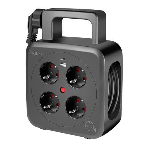 LogiLink LPS504 - Kabeltrommel 5m mit 4X Steckdosen (Schutzkontakt Buchsen), 1x USB-A und 1x USB-C, IP20 Schutzklasse und Thermischer Überlastschutzschalter von Logilink