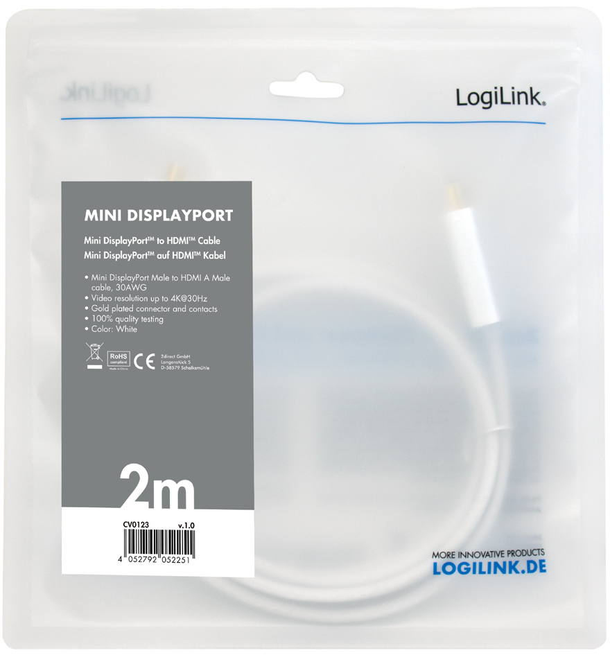 LogiLink Mini DisplayPort - HDMI Kabel, 4K, weiß, 2,0 m LogiLink Mini DisplayPort - HDMI Kabel, 4K, weiß, 2,0 m von Logilink