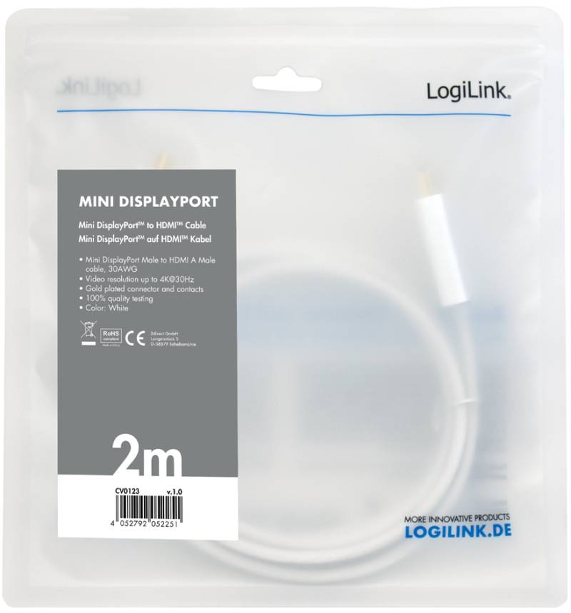 LogiLink Mini DisplayPort - HDMI Kabel, 4K, weiß, 2,0 m von Logilink