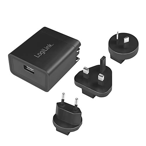 LogiLink PA0187 - USB Steckdosenreiseadapter (2.1A - Fast Charging, 10.5W) mit 3 Adaptern für mehr als 100 Länder und 4X Schutz (Überlade-, Tiefentlade-, Kurzschluss- und Überlastschutz) von Logilink