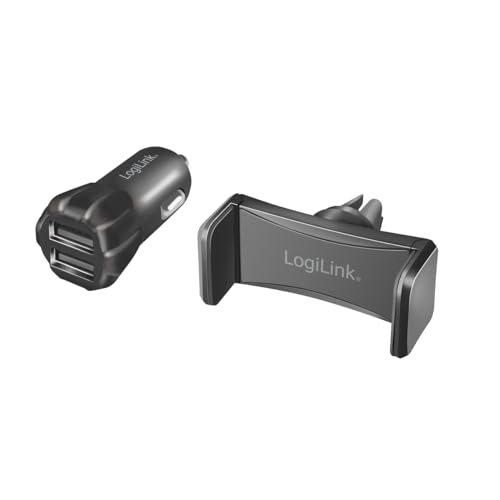 LogiLink PA0203 - KFZ USB Netzteil mit 2X USB-Ports (Max. 5V/2A - 10W) zum Aufladen von Z.B. Smartphones, Tablets, Dashcams, GPS, etc. mit Micro-USB oder USB-C Anschluss - inkl. Halterung von Logilink