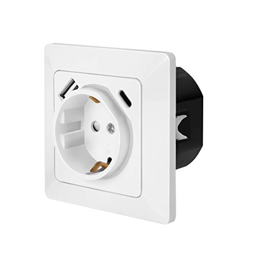 LogiLink PA0253 - Unterputz-Steckdose, Schutzkontakt (1x CEE 7/3), 1x USB-C PD (Power Delivery), 1x USB-A, Weiß von Logilink
