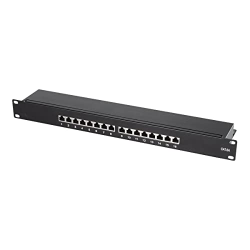 LogiLink Professional NP0076 Vollgeschirmtes Cat 6A Patch-/Verteilerfeld mit 16-Ports, PoE und PoE+, (1 Höheneinheit) Schwarz von Logilink