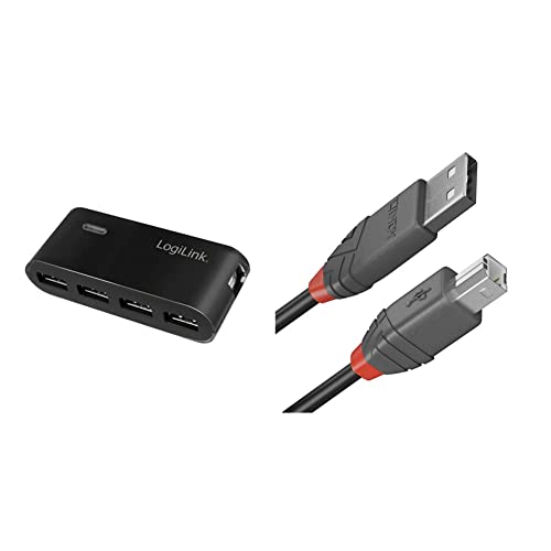 LogiLink UA0085 4-Port Hub USB 2 mit Netzteil,schwarz & Lindy 36671 0, 5m USB 2.0 Typ A an B Kabel, Anthra Line Anthrazit von Logilink