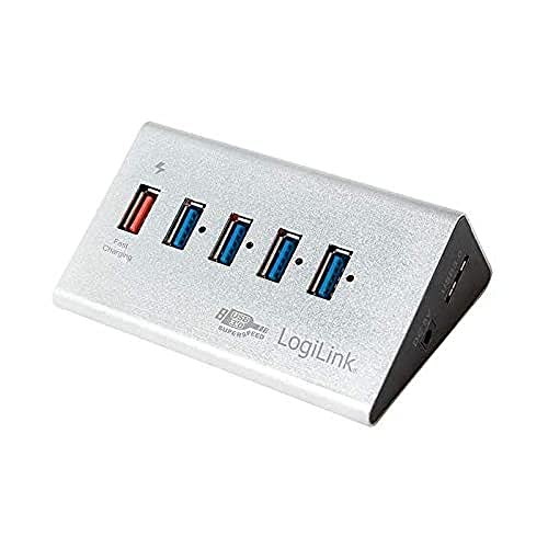 LogiLink UA0227 USB 3.0 Hub 4-Port + 1x Schnell-Ladeport mit Smart IC / LED Anzeige / Überspannungsschutz, für Windows & MAC OS von Logilink