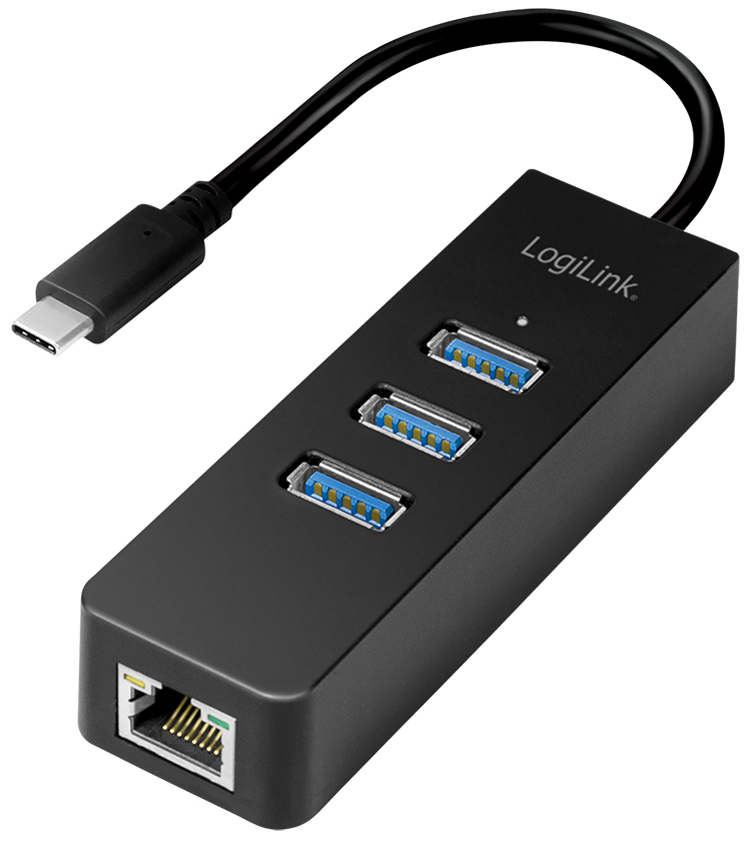 LogiLink USB 3.0 auf Gigabit Adapter, 3-Port USB Hub,schwarz von Logilink