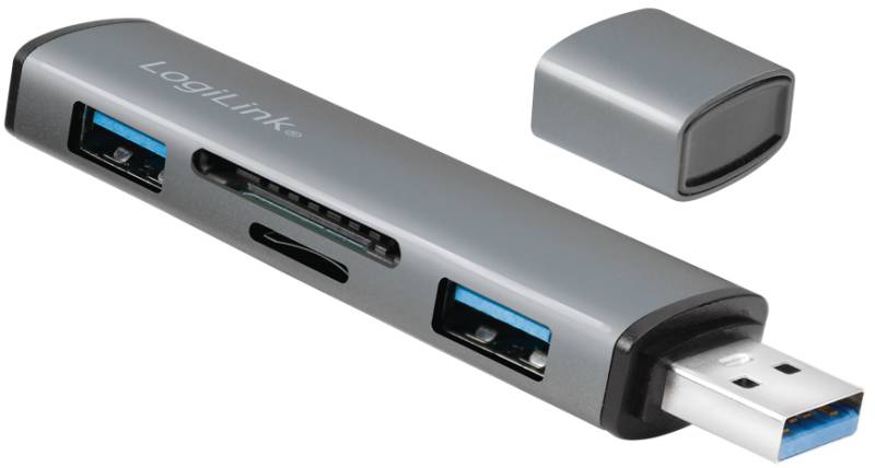 LogiLink USB 3.2 Gen2 Hub mit Kartenleser, 2 Port, alu von Logilink