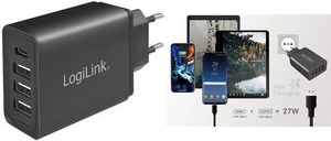 LogiLink USB-Adapterstecker mit 4 USB-Ports, schwarz Steckdosenadatper, 1x USB-C Anschluss, 3x USB-A Anschluss, - 1 Stück (PA0221) von Logilink